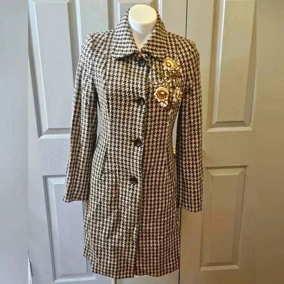 Vintage Express Design Studio Beaded Houndstooth Long Coat Jacket Small - Picture 1 of 10